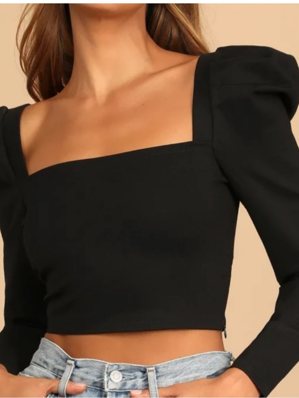New with Tags LuLu's A Little Flirtation Black Puff Shoulder Crop Top Black L